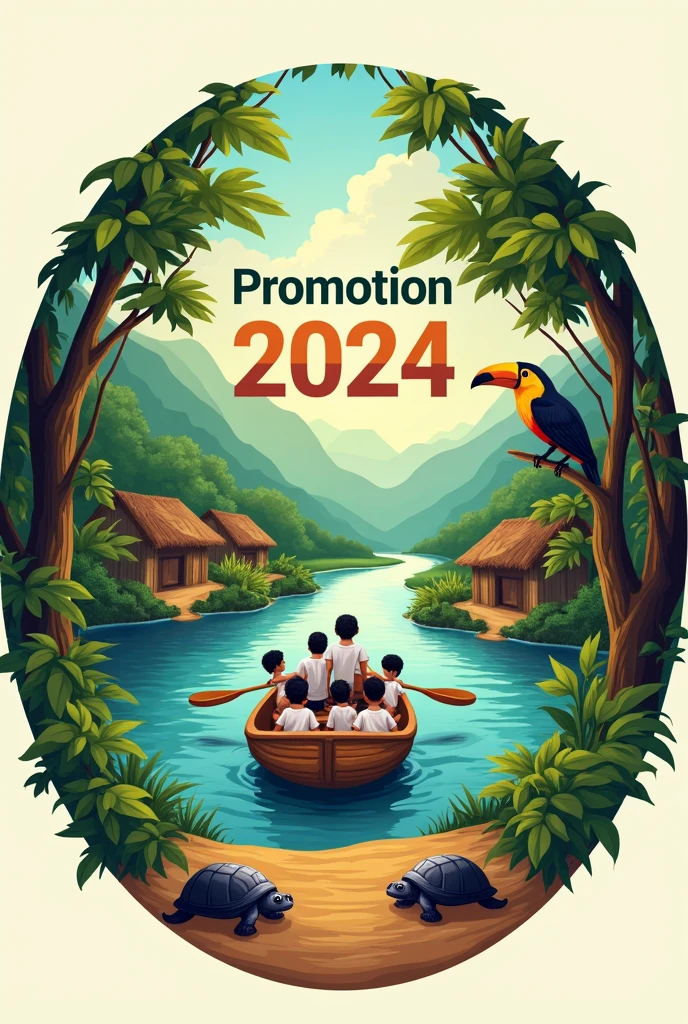 Create a graduation logo in a circle with branches that says "Promotion" at the top and "2024" at the bottom. The background should have a river with some trees on the shore and a dirt path, some wooden houses, and a large toucan. There should be indigenous children in white shirts in a small wooden boat on the river going to school. At the bottom of the logo, there should be two turtles.