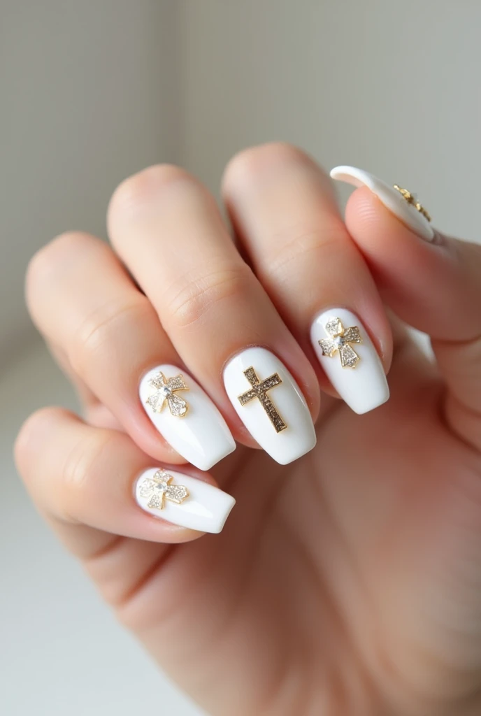 White Gel Nails. Golden Christian cross on it