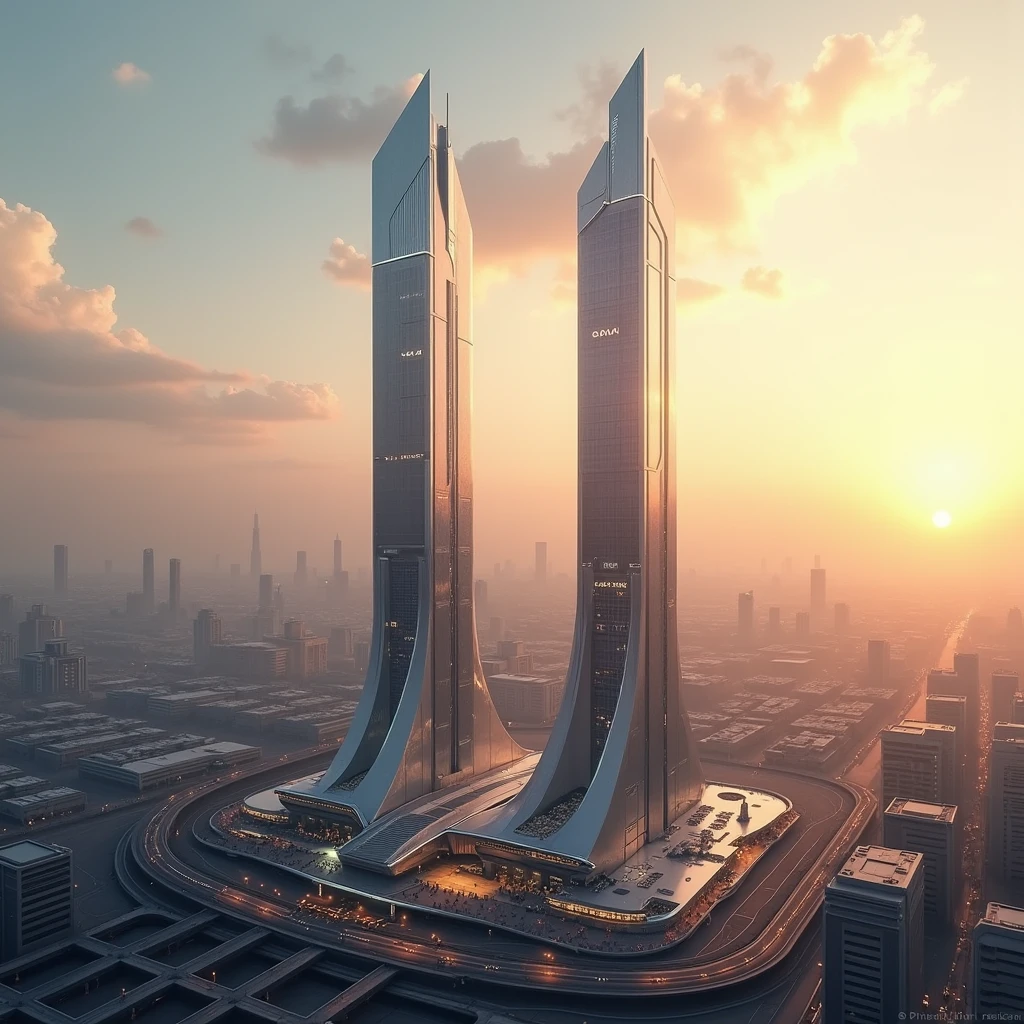 Deux tours futuristes au milieu de la ville avec l'horizon et le soleil couchant et le ciel dégagé 