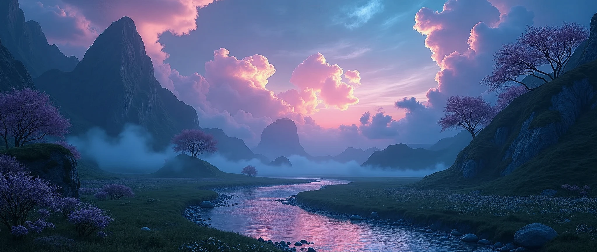 a magical night sky, a beautiful green stream, detailed clouds, soft lighting, clean background, masterpiece, 8k, photorealistic, cinematic, vivid colors, dramatic lighting, stunning scenery, serene atmosphere, ethereal, fantasy, mystical