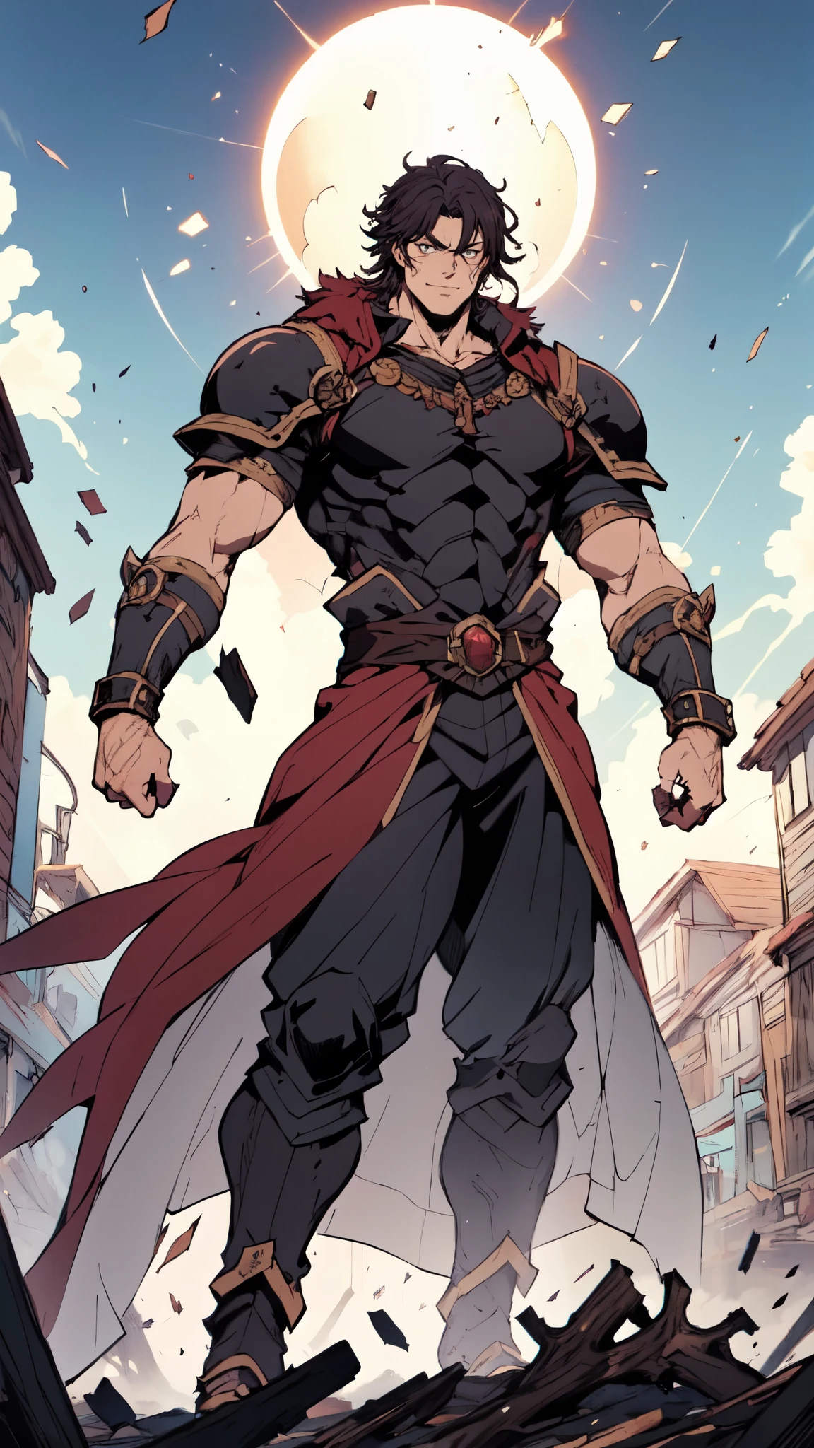 (masterpiece:1.2, best quality:1.2, extremely delicate:1.2), a middle-aged man, wild disheveled long hair streaked in red and black, a rugged and imposing face, a lightning-shaped tattoo on the left side of his face, sharp eyes, a confident smile, a tall and muscular build, a fantasy martial arts-style short-sleeved coat, form-fitting scale armor underneath, a black fur shawl drapes over his shoulders, wrist guards, matching canvas trousers, stands majestically on shattered ground, surrounded by floating debris, this character embodies a finely crafted fantasy martial arts-style overlord in anime style, exquisite and mature manga art style, dramatic, high definition, highres, ultra-detailed, ultra-fine painting, professional, perfect body proportions, golden ratio, anatomically correct, symmetrical face, extremely detailed eyes and face, high quality eyes, creativity, RAW photo, UHD, 32k, Natural light, cinematic lighting, (masterpiece-anatomy-perfect:1.2)