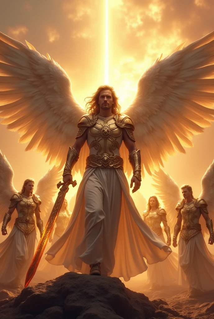 angel Michael with 6 wings and a fiery sword in his hand, behind him an army of warrior angels with shining wings