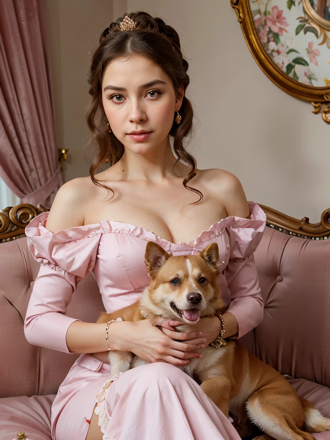 there is a woman in a pink dress sitting on a couch with a dog, rococo style portrait, portrait of princess, princess portrait, rococo queen, lovely languid princess, portrait painting of a princess, rococo portrait, konstantin razumov, portrait of a princess, ( ( konstantin razumov ) ), rococo art style