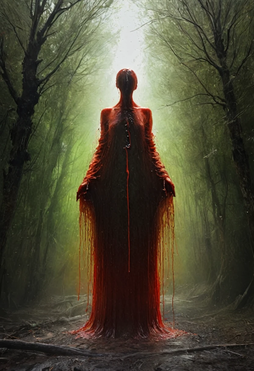 a transparent human figure dripping red liquid, floating in a forest, denis forkas painting style, nicola samori painting style, professional oil painting, masterpiece, best quality, 4k, 8k, highres, ultra-detailed, realistic, photorealistic, vivid colors, dynamic lighting, dramatic atmosphere, moody lighting, intricate details, cinematic composition, surreal, ethereal, dreamlike, blur movement, melting ink, creepy, weird, intricate details, greenish colour, warm colours, red, cathedral, cemetery, roots, ashes, fire, inverted composition, gates, halos, rust, bronze colour 