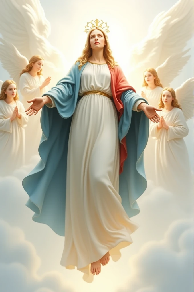 Realistic detailed image, RF 600 lens of Our Lady, white dress, blue and red cloak, simple star crown, no accessories, hands up, ascending to heaven, full body, angels around her, ascending to heaven, white background