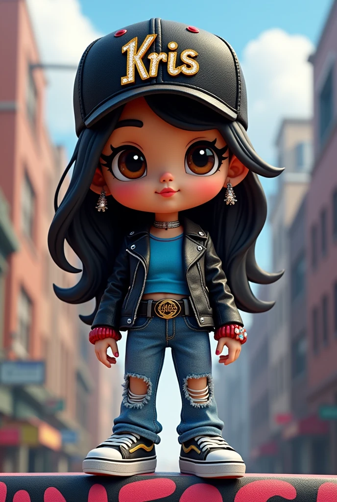A stunning 3D digital illustration of the chibi princess Kris, exuding confidence and style, in the heart of the city's urban landscape. She confidently stands on a large "VANESSA" graffiti-covered sign, her pose showcasing her trend-setting fashion. Her black leather outfit is adorned with the bold word "naty" across her chest, complementing her long, dark hair that flows around her face, framing her expressive brown eyes. Atop her head sits a stylish black cap with the "Kris" logo, featuring golden letters and sparkling diamonds.
Her vibrant blue top, trendy jeans, fashionable red watch, and eye-catching earrings add to her bold and trendy ensemble. Urban-style sneakers, a combination of white and black, complete her striking look. The urban-style background,