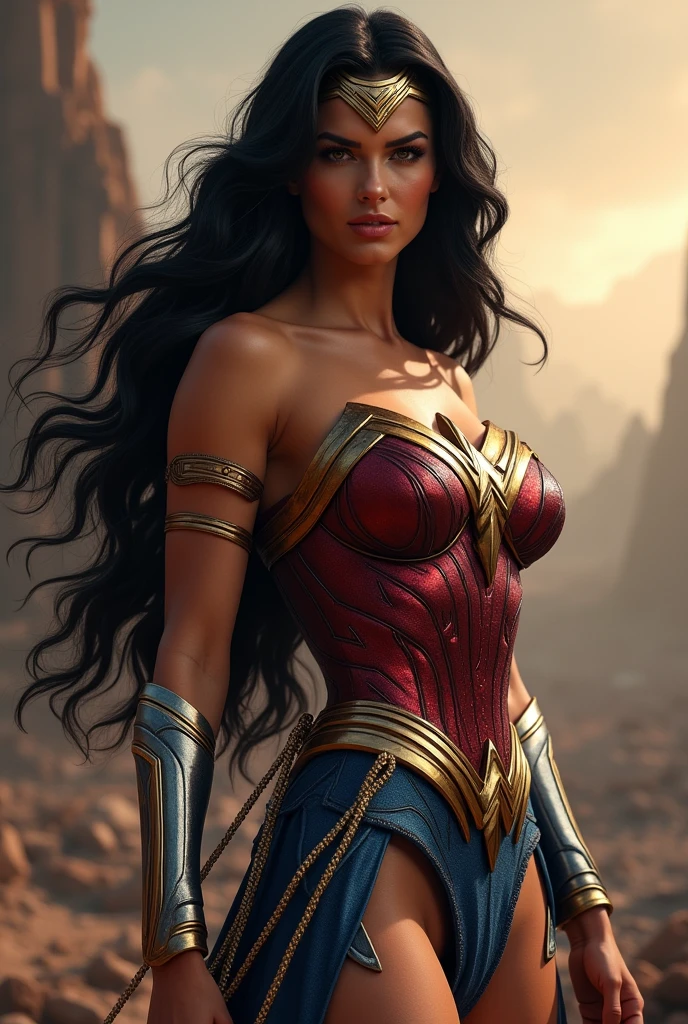 Adriana Lima under the mantle of the Amazonian warrior Wonder Woman, long black hair, Superman suit, Man Of Steel Movie, Diaema Wonder Woman on her forehead, long golden bracelets, lasso of truth