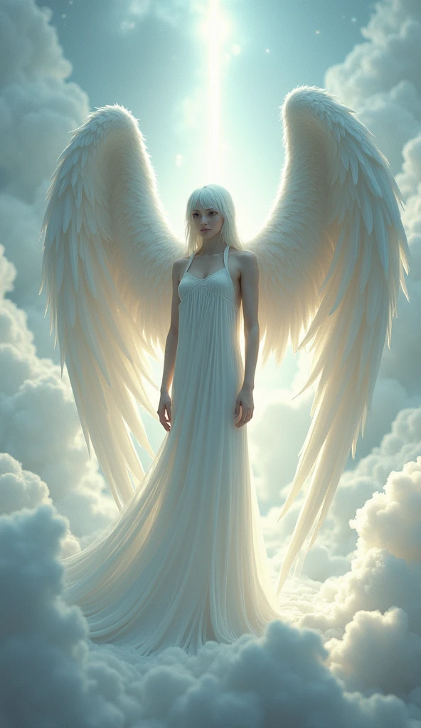 Angel, male, quite tall, his skin pale, neat and even fragile physique, long snow-white hair. He has two pairs of wings, the first pair of wings is small, they cover his white eyes, the second pair is huge wings 4 meters long and wide to the floor. He is dressed in white robes, floor-length, clouds and heaven lights background, beautiful woman and long full white dress.