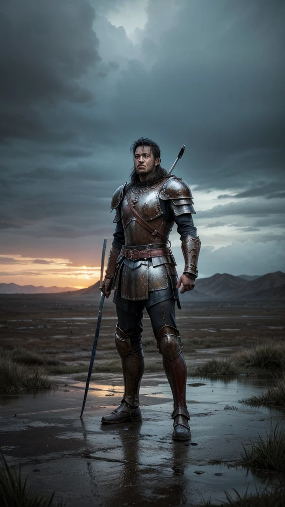 Paint a desolate, rainy scene with a proud warrior gazing at the sky, his armor in pieces. 
