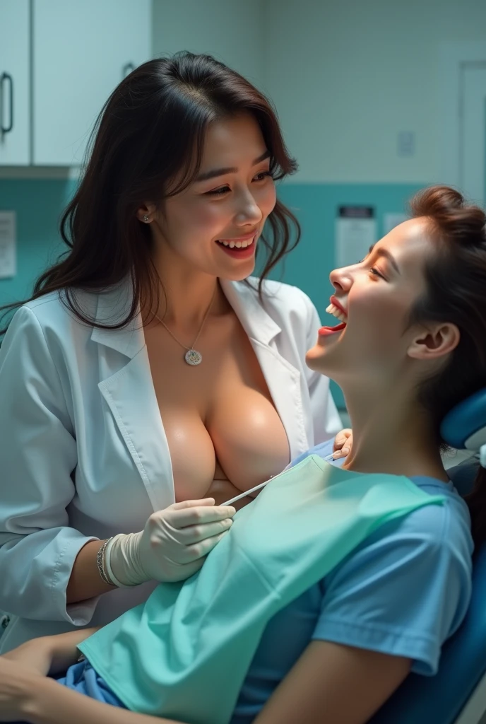 hospital, latex nurse suit,nurses,busty,gloves,labcoat,darkhair woman, green eyes , gigantic boobs ,medical instruments,asian nurse,two nurses,speculum,examination room,oversize boobs,mask ,big ass ,strap on, lay on table ,legs spreaded,giving birth,gyno chair , dentist