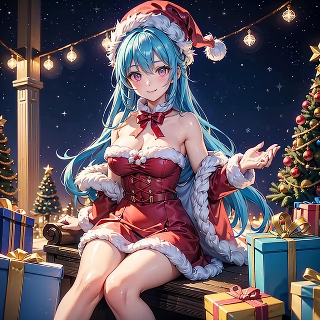 (Sky blue hair tied in a single strand),(Pink Eyes),Fair Skin,Full Body,Alone,smile,Santa Claus Clothes,Giant Christmas Tree in the Background,Snowy Night,Sparkling Night Sky,gift box,(Masterpiece, Top Quality, Very Detailed), Best Shadows,Detailed Background,Beautifully Detailed Face,High Contrast,Best Lighting, Very Delicate and Beautiful,Cinematic Light,Hyper Detail,8k,Dramatic Light,Exquisite Detail,(Christmas colors)