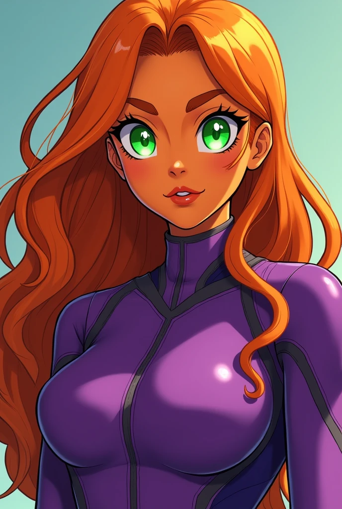 An orange skinned girl, wearing a purple power suit. Her eyewhites are bright glowing, green and without pupils or sclera. She has orange long and wavy hair, an hairbang and she is busty