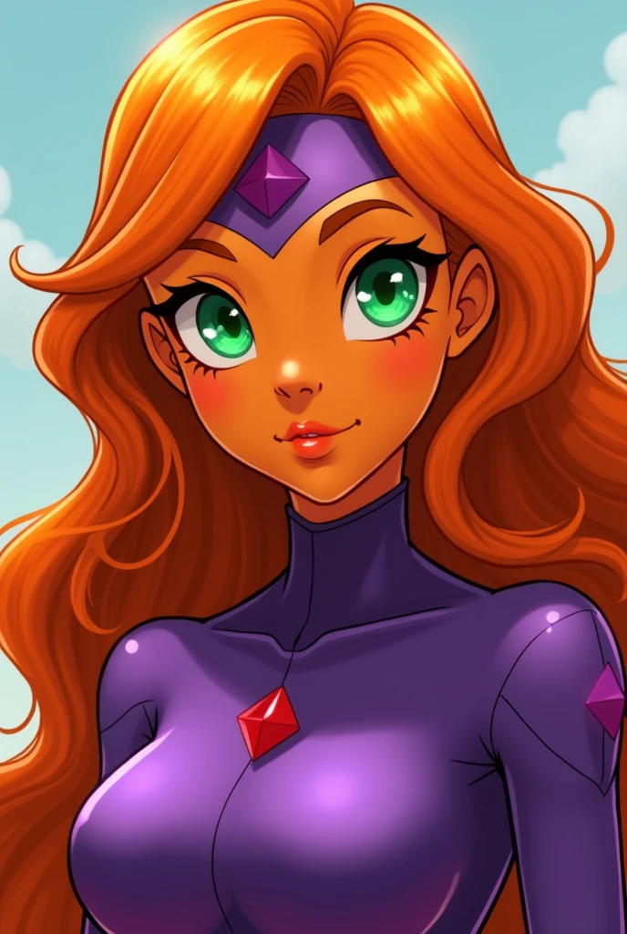 An orange skinned girl, wearing a purple power suit. Her eyewhites are bright glowing, green and without pupils or sclera. She has orange long and wavy hair, an hairbang and she is busty