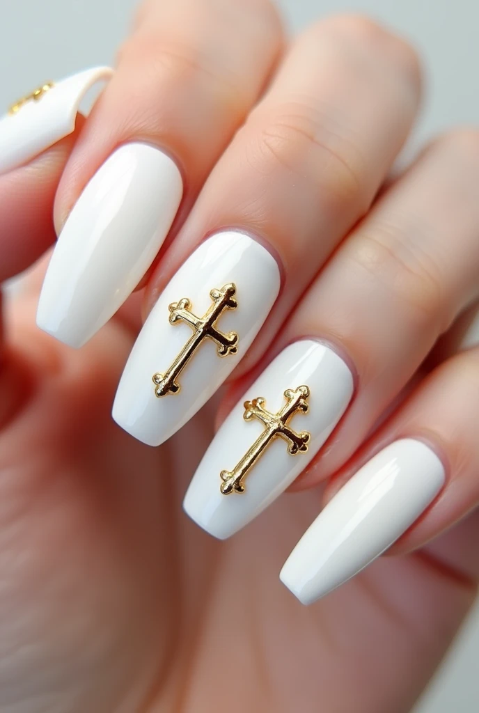 White Gel Nails. Golden lacquered Christian cross on it 