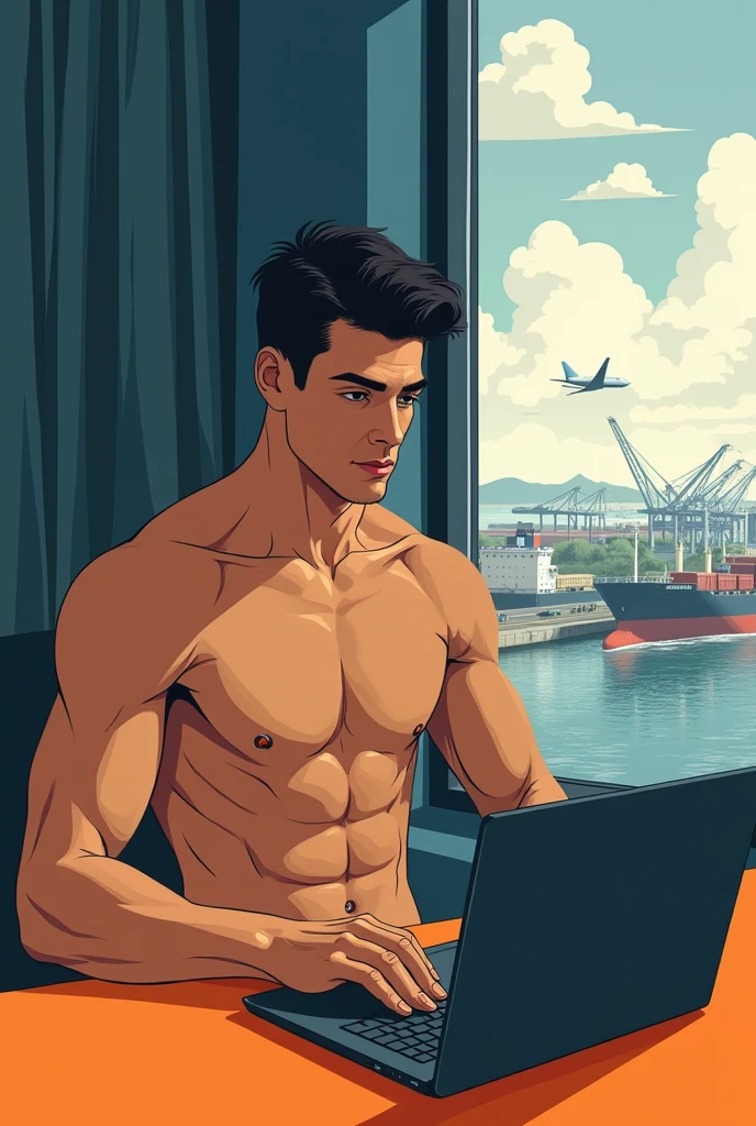 illustration that evoke stoicism men from 25 years old, shirtless, barefoot, strong, slim body Importance of Reason Style: Scientific realism, with a focus on detail and precision. Color palette: Cool, neutral tones (navy blue, gray, white) to convey clarity and objectivity. Expression: A concentrated and determined gaze, brow slightly furrowed in thought. Setting: A young strong handsomen cinnamon skin, typing on an orange laptop background you can see a see a window to see a port, ships, train, trucks and planes
