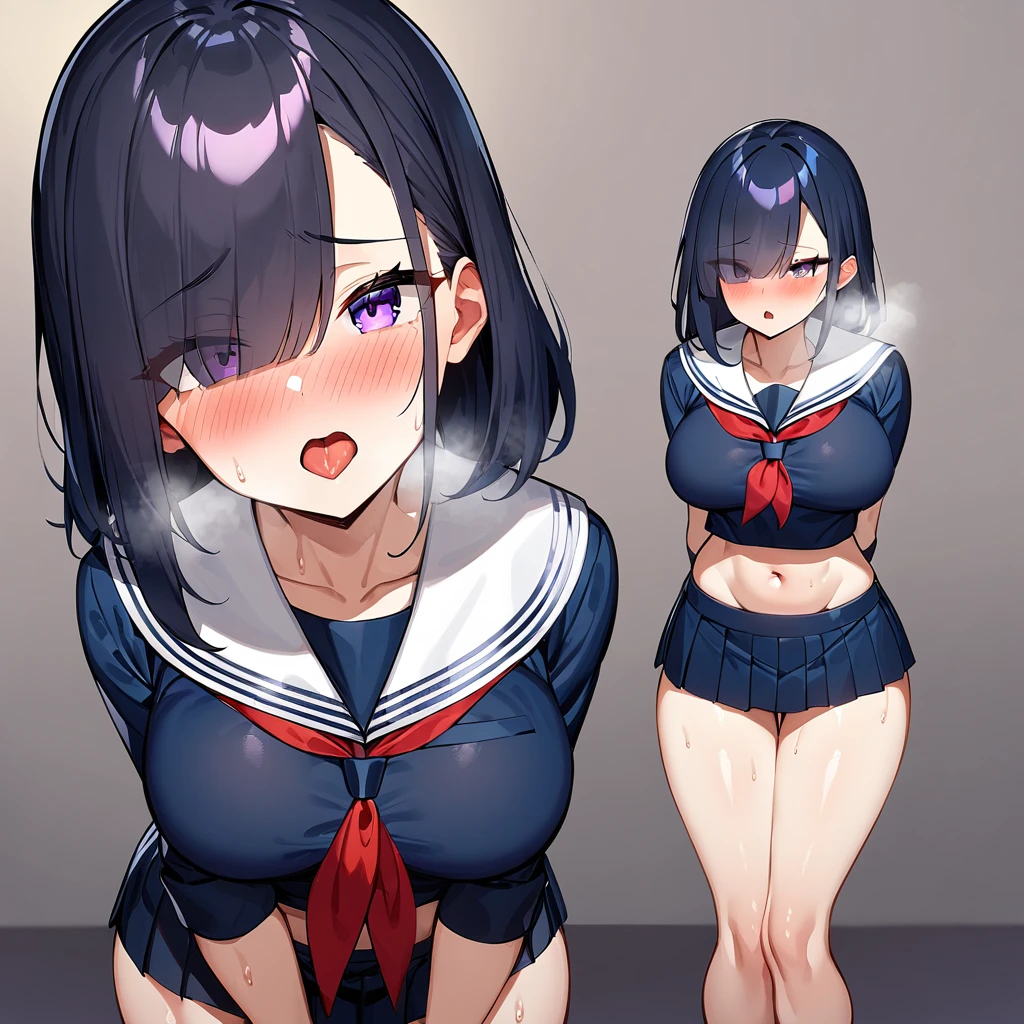 2girls:1.2),lineup,blackhair,open mouth,tongue,(serafuku:1.5),red neckerchief,white blouse,pleated skirt,dark blue blouse,sexually suggestive,(cowboyshot:1.5),(in heat:1.5),(Breasts),(heavy breathing:1.5),(Legs_apart),(breasts focus),(shiny_skin),(eyes visible through hair:1.5),very sweaty,dark blue hair,purple eyes,hair over eye,blush,(Heavy Breathing:1.3),(Steaming body:1),(straight-on),(light skin:1.5),masterpiece,best quality,very aesthetic,absurdres,medium hair,straight hair,(female:1),(curvy:1),fullbody