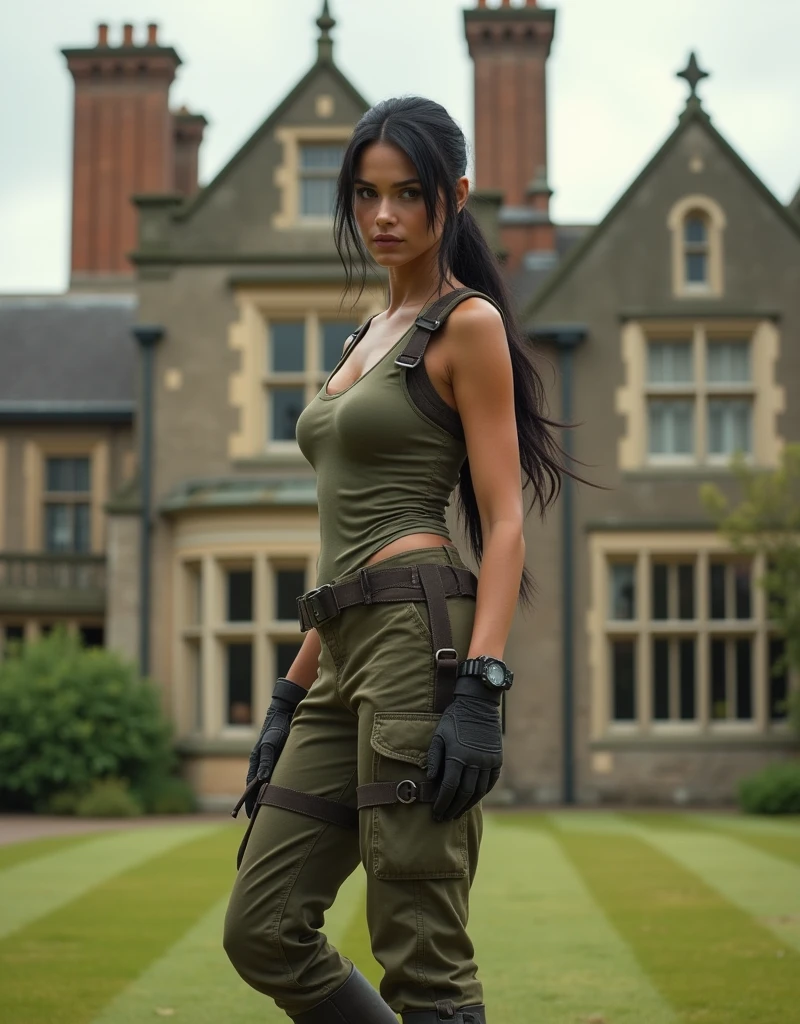 photorealistic woman, age 30,european, long black ponytail,dressed as lara croft in front of a british manor, raw photo, cinematic material, high detailed, wideview,high quality