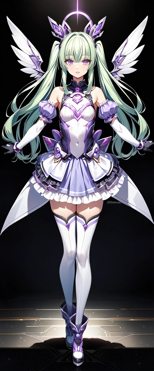 (Perfect Anatomy)、Mastepiece、Ultra High Quality、 8k、masterpiece、Highest quality、Ultra-high resolution、Maximum resolution、Very detailed、Professional Lighting、anime、woman、thin、Very beautiful face、Beautiful eyes、(Highly detailed eye)、Highly detailed face、Extia Flora、White and purple enamel high leg leotard、Purple Mini Skirt、White thigh-high boots、Purple pattern、White decoration、Cyber Headgear、Shoulders show skin、Green Hair、long hair、Twin tails、Purple Eyes、Dairy-free、Pink Lips、White cloak、It has wings that shine light sea green from the waist., white long gloves, contouring, makeup, eyeliner, eye shadow, pink cheek, pink lips, full body