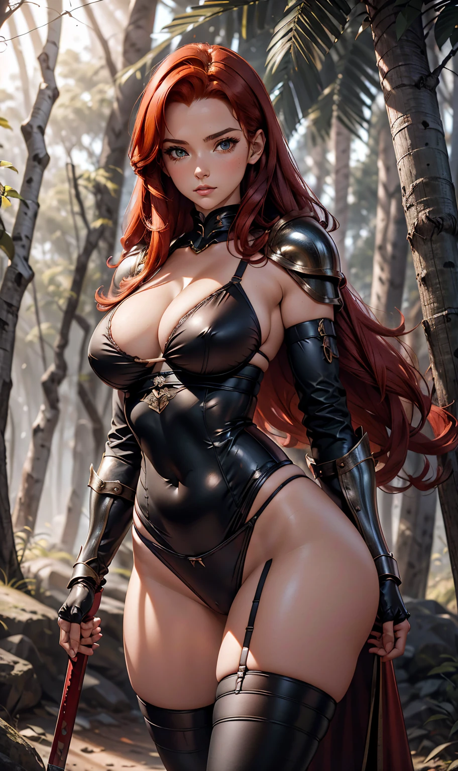 sexy armor, in a forest, leather panties, metal armor, Leather bra, medieval armor, seminua, quase nua, standing, breasts big, red hair, 