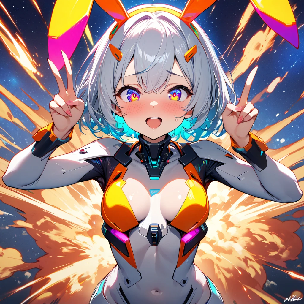 1girl, expressive eyes, short hair, dressed with futuristic suit, robotic rabbit ears ,v pose ,space in background, detail richness, masterpiece, best quality, flashy colors, explosion of color
