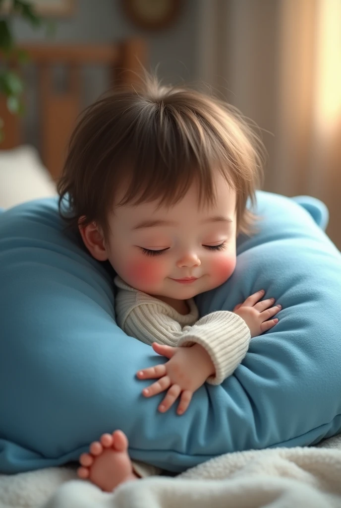 cute baby yawning brunette blue clothes blue hat lying in seat Disney art style Simple background High quality cartoon rendering