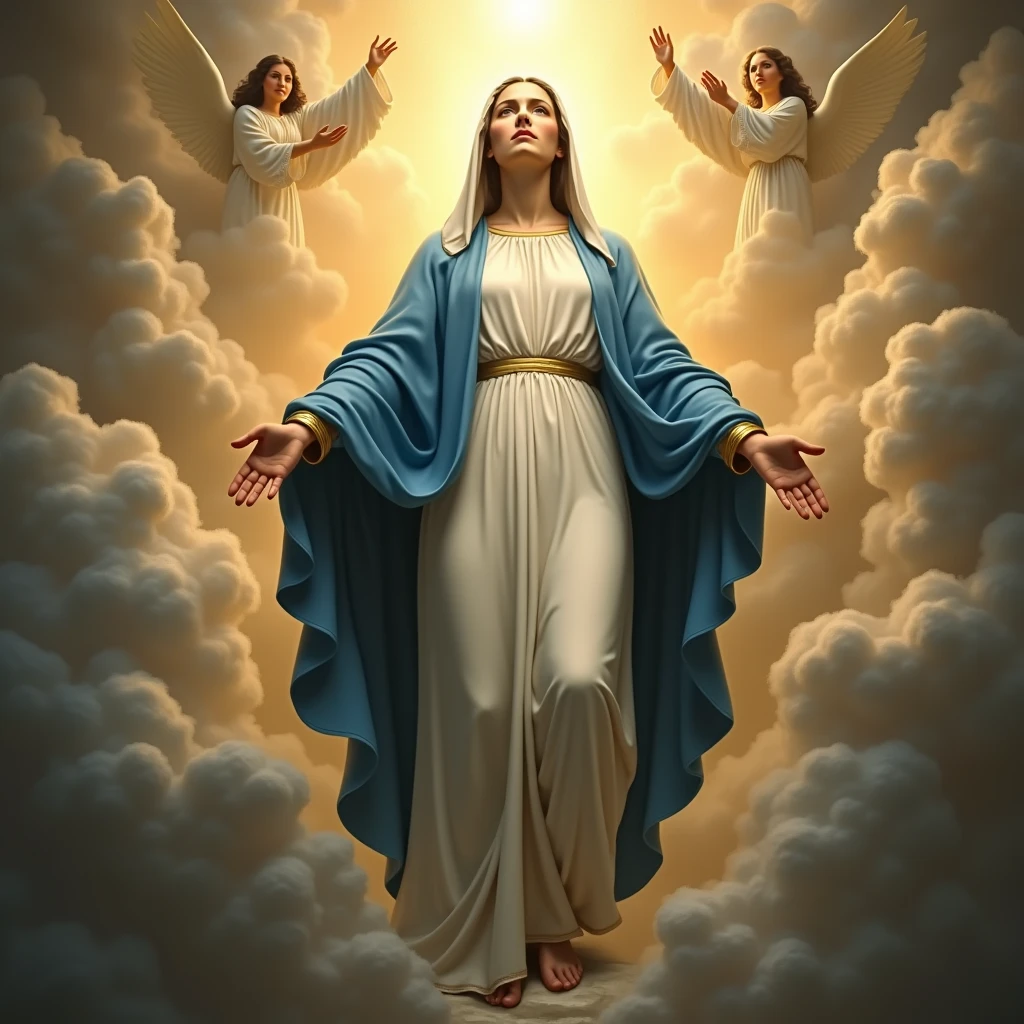 Create a realistic image of Our Lady wearing blue and white robes on the day of the “Assumption of Our Lady.”, celebrated annually on August 15th, is one of the most significant dogmas of the Catholic Church. Proclaimed by Pope Pius XII in 1950, este dogma afirma than a Virgem Maria foi elevada ao céu em corpo e alma ao término de sua vida terrena. This belief reflects the purity and holiness of Mary, than, of the Assumption of Mary, who did not experience the corruption of the body after death. The Assumption is seen as a sign of hope and comfort for the faithful, indicando than todos os than seguem a Cristo também serão elevados à glória celestial. Explore the history, the theology and liturgical celebrations associated with the Assumption of Our Lady, and how this event continues to inspire the devotion and faith of Catholics around the world.”