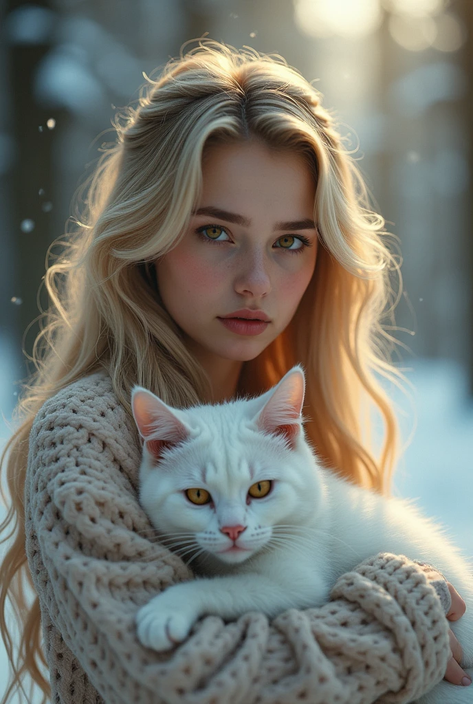 a beautiful girl with long blonde hair, detailed eyes, nose, and lips, in the snow with a white cat in her arms, a woman who looks like alisha lehmann, realistic, (best quality,4k,8k,highres,masterpiece:1.2),ultra-detailed,(realistic,photorealistic,photo-realistic:1.37),detailed facial features, beautiful flowing hair, soft skin, snow covered forest background, warm lighting, depth of field, intricate details, cinematic composition, dramatic lighting, muted color palette, atmospheric haze