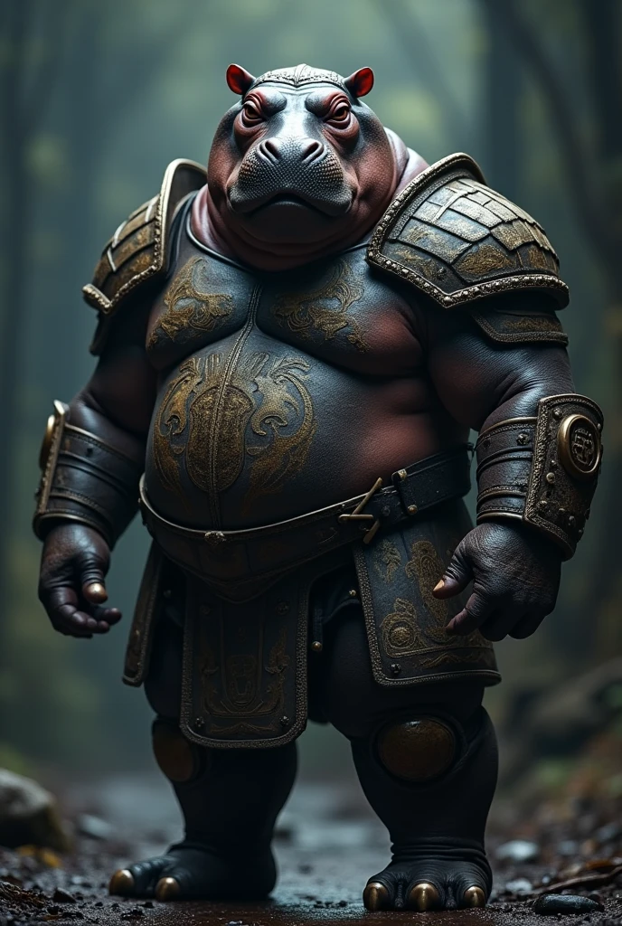 I am the hippo warrior, my armor is lethal and it's equal to the most cruel humans on Earth, The message I want to send is that if we exist , real very real ,24k photography rules, film rules, cinematic finishes like in Photoshop, very noticeable depth of field , dark and moody atmosphere, portrait, high contrast lighting