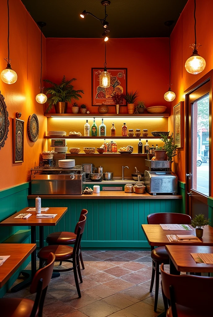 Business with 2 tables and a counter, antojitos (Mexican snacks) on the back wall with an Instagrammable spot