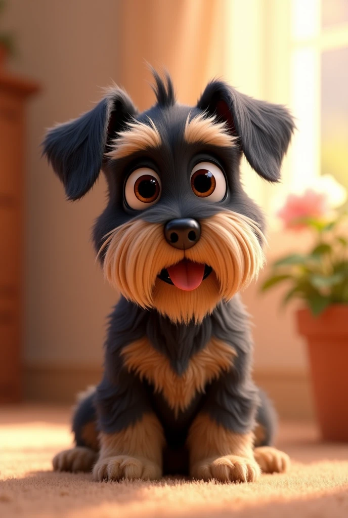 A Schnauzer breed dog with a tender face, big bright brown eyes, his body is fat and his hair is black with gold, he has a tender face and the animation is from Pixar