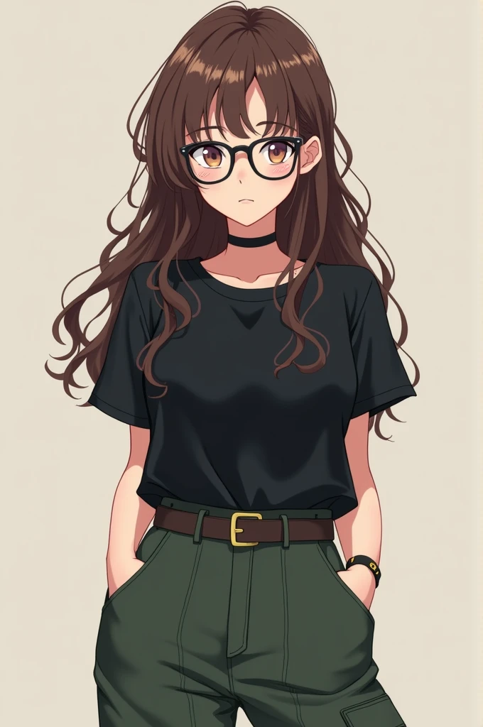 Female anime character with long brown hair, wearing a black shirt, black nerd glasses, and dark green cargo pants.