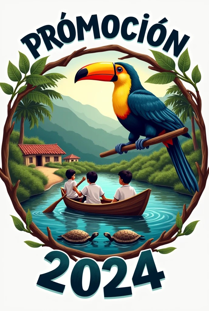 Create a graduation logo in a circle with branches, saying "Promoción" at the top and "2024" at the bottom. In the background, there should be a river with currents, a riverbank with some houses, and a dirt road. There should be a large toucan, and in the river, there should be indigenous children in white school shirts passing by in a small wooden boat going to school. At the bottom of the logo, there should be two turtles.