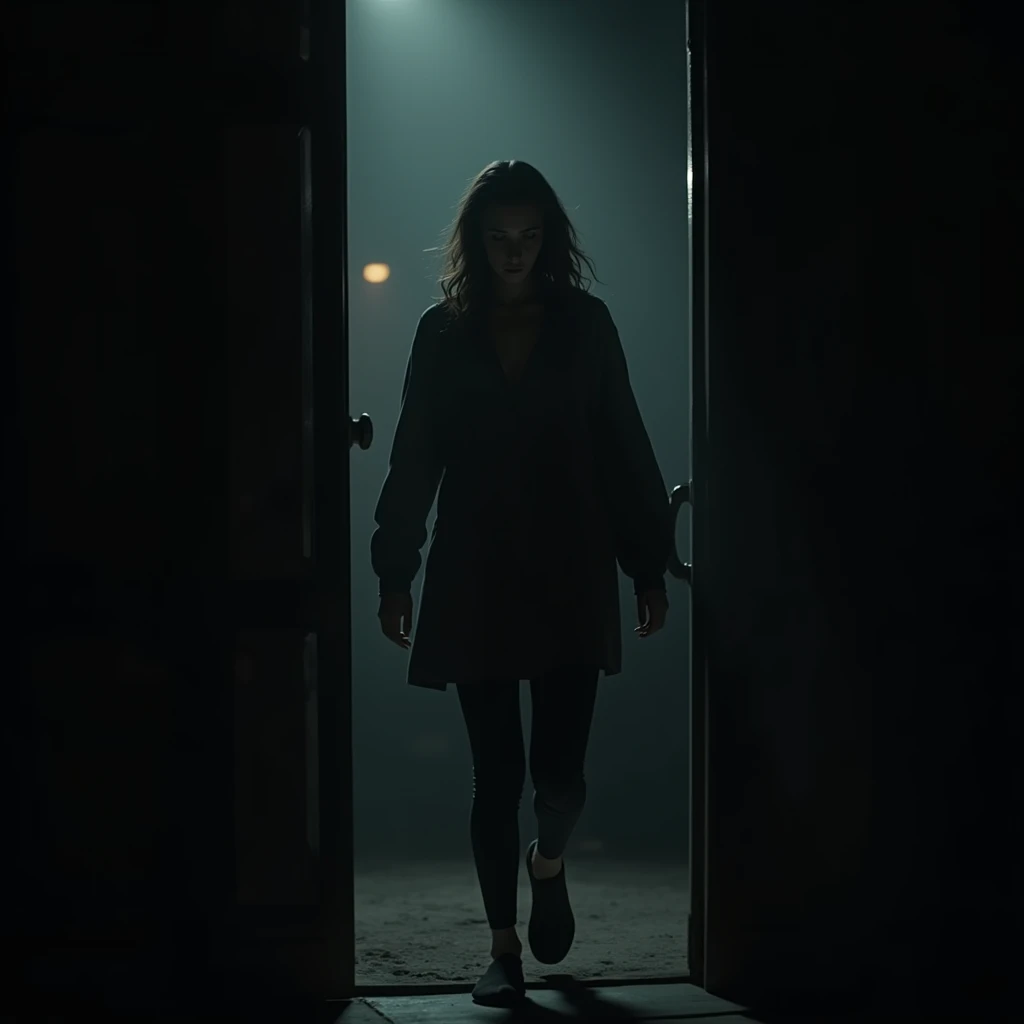 Prompt: "A woman stepping out of a darkened doorway, her expression showing anxiety and hesitation, with a dim light illuminating her path outside."