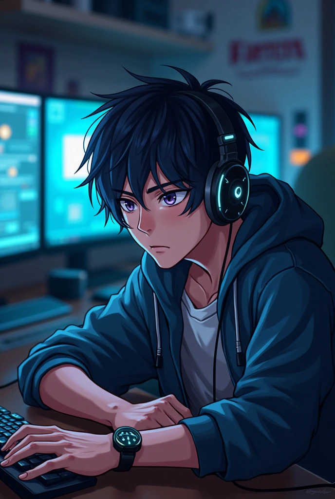 A male anime gamer engineer named Mcd plays online games with a serious expression.