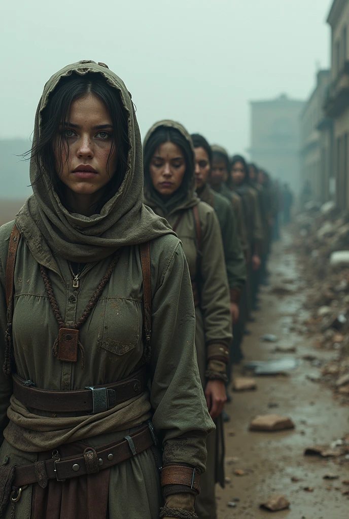 Post-apocalyptic image with people in line wearing apocalyptic clothing