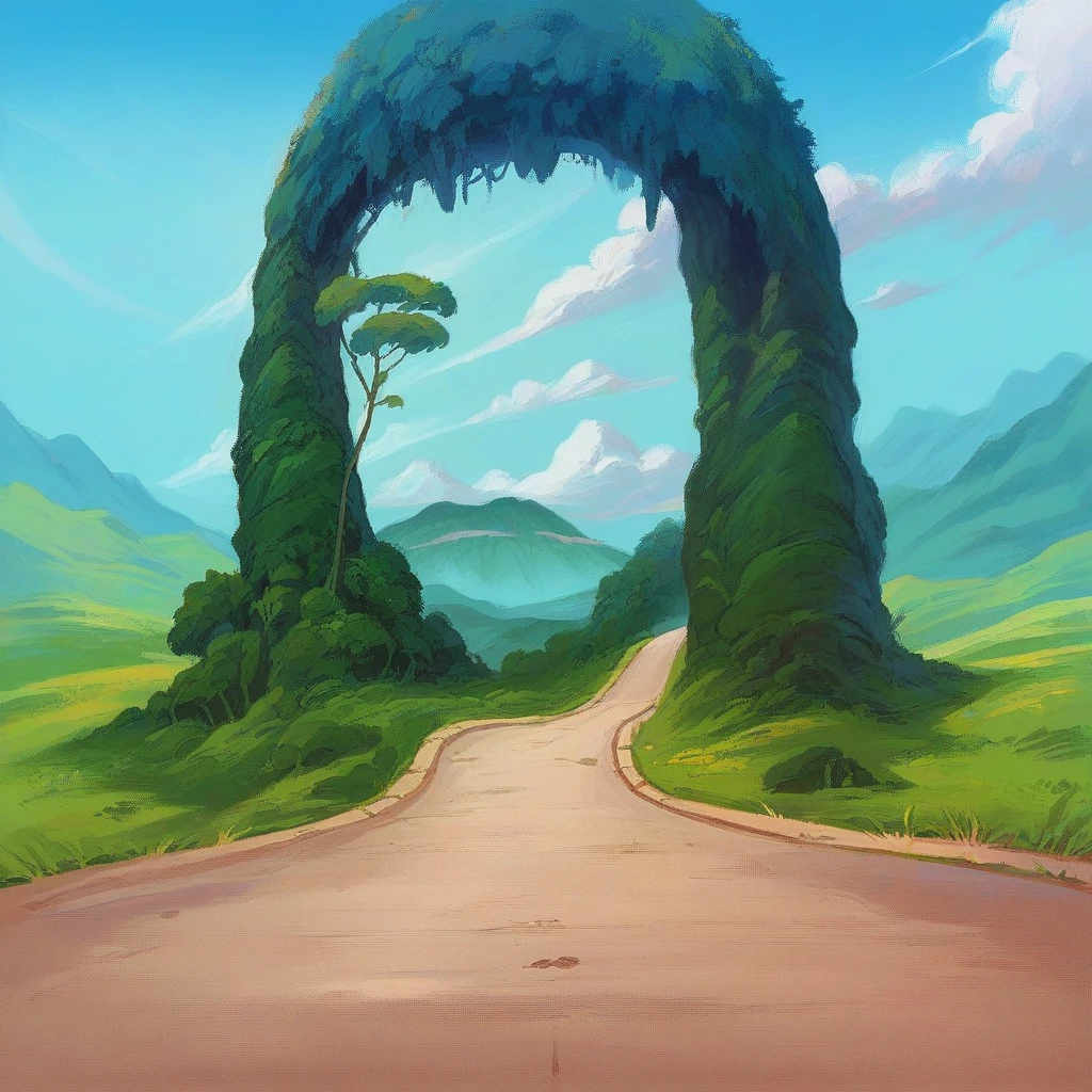 A scenic landscape featuring a winding road leading through a massive, green arch formed by lush trees. The arch creates a natural frame around a serene valley with rolling hills, mountains, and a bright blue sky dotted with white clouds. The road curves gently, inviting the viewer into the vibrant greenery and tranquil surroundings.