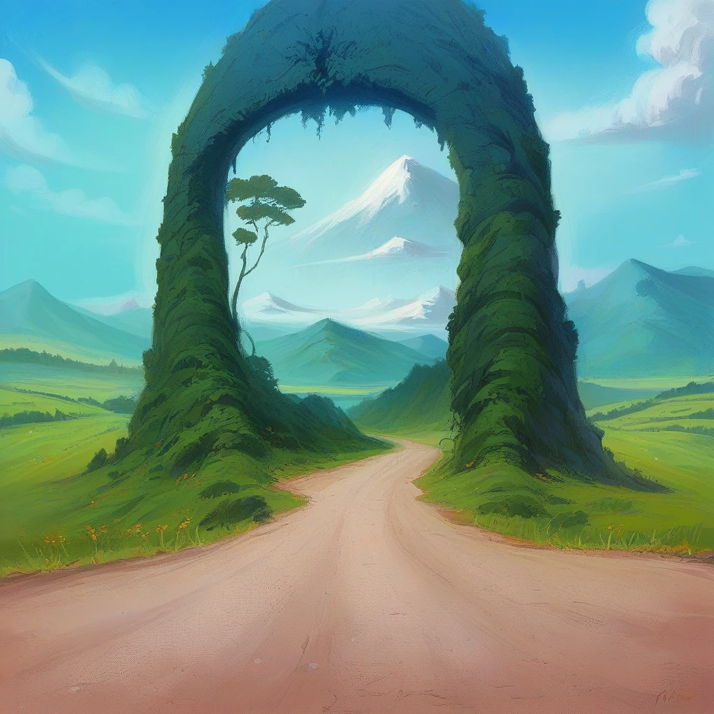 A scenic landscape featuring a winding road leading through a massive, green arch formed by lush trees. The arch creates a natural frame around a serene valley with rolling hills, mountains, and a bright blue sky dotted with white clouds. The road curves gently, inviting the viewer into the vibrant greenery and tranquil surroundings.