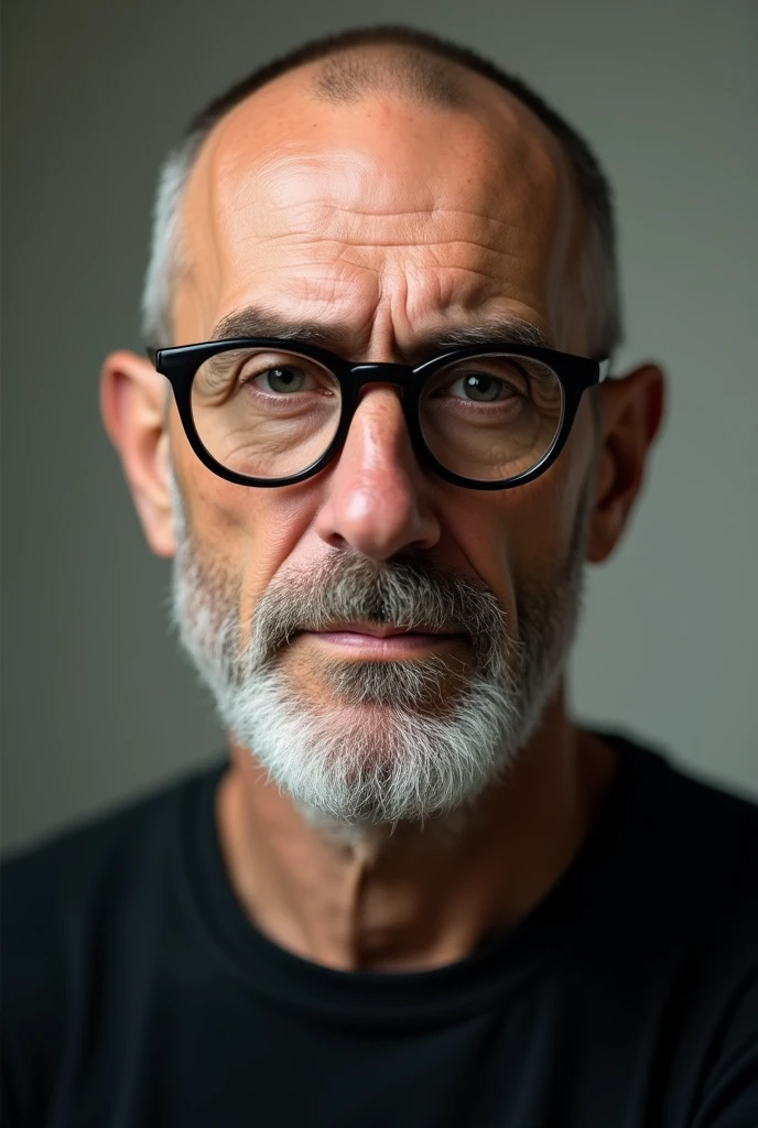 Caucasian male, 40 years old  , drooping nose, white beard round glasses dark lenses  ,shaved head with no hair on the sides of the head ,black tee 