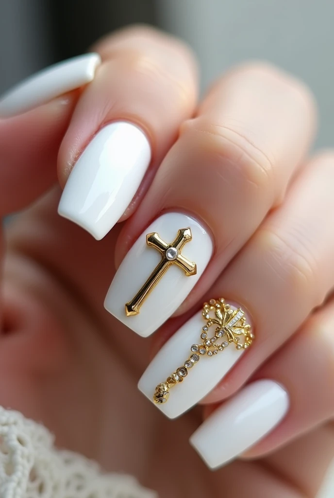White gel nails. 1,5 cm. Lacquered golden facings with a Christian cross