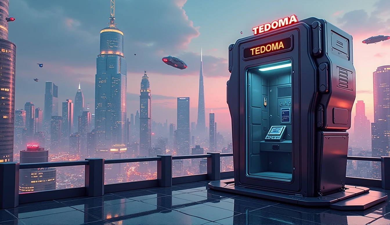 image generated of a phone booth with a futuristic city in the background, Promotional Art BBC, by Wayne England, futuristic telephone booth, positioned on the right side, Written on top of the booth TEDOMA, cyberpunk, 3840x2160, 3840 x 2160, por Derek Hill, Dr. Quem, por Jason Benjamin