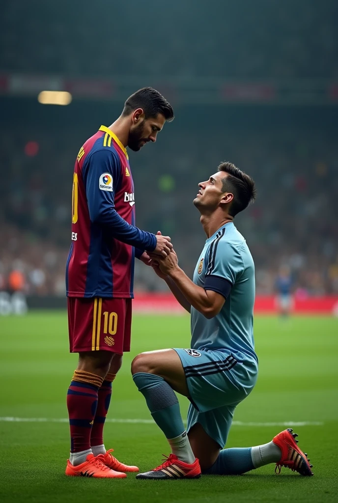 Cristiano Ronaldo kneeling before Messi