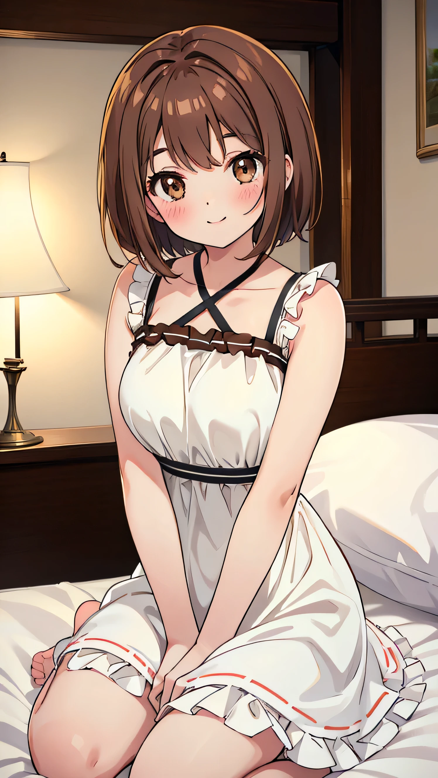 Beautiful breasts, Brown Hair, Brown eyes, Wavy Short Hair, bangs, blush, bright, smile, White ruffle dress, bed,