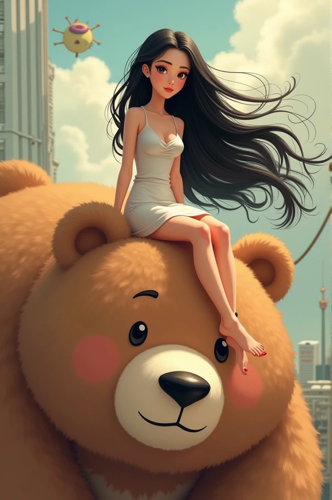 Beautiful woman with black hair sitting on a large cartoon bear