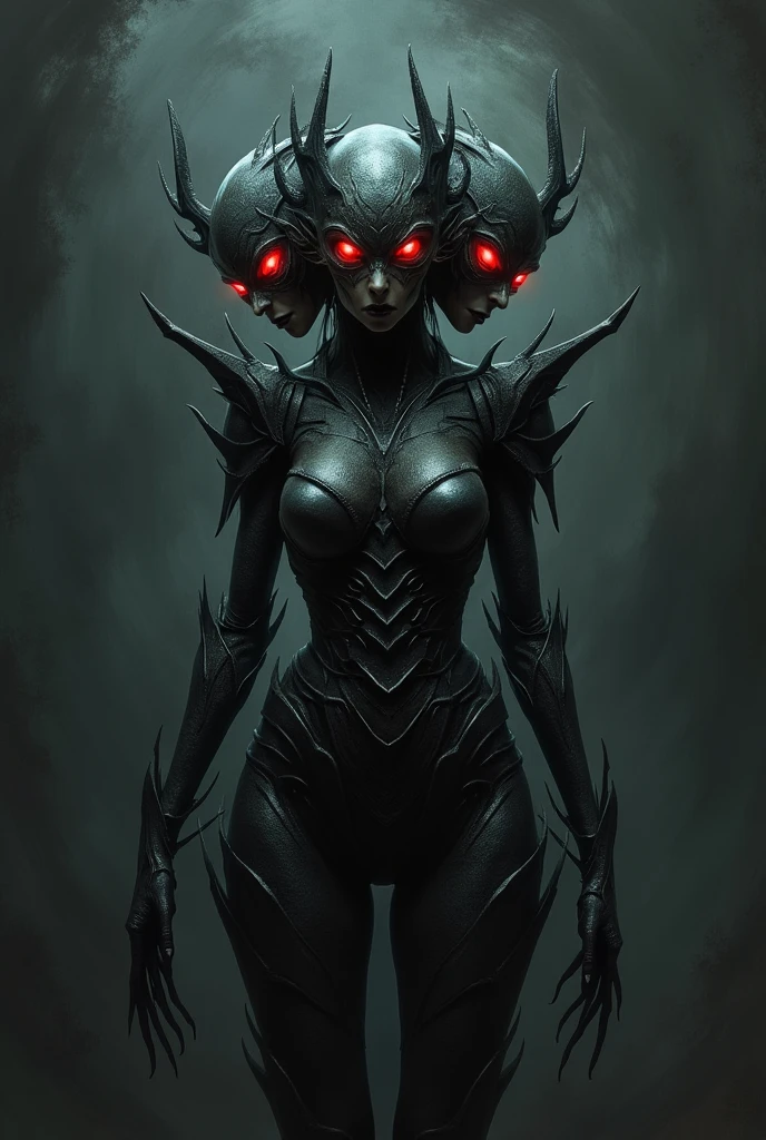 Monster with 3 masks on each side of the face, black aura in the background, red eyes, thin, female appearance, full body armor 