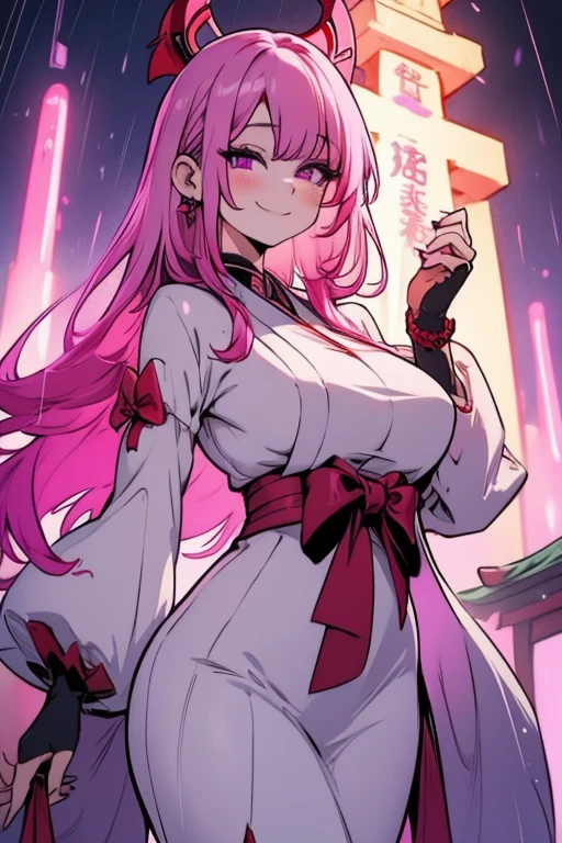 Perfect face. Perfect hands. A pink haired woman with violet eyes and an hourglass figure in a sexy shrine maiden outfit is smiling in the rain
