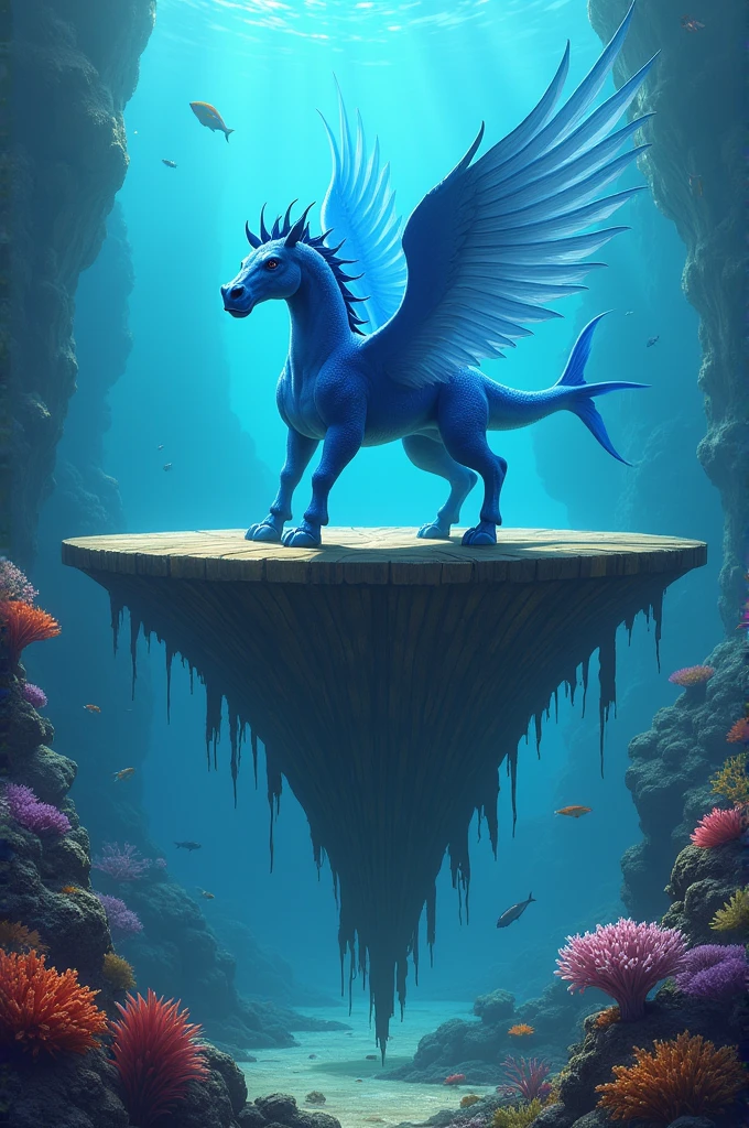 Grand hippocampe bleu aillé posé au centre sur un grand plateau en bois remorquable. Around the coral-filled hippocampus