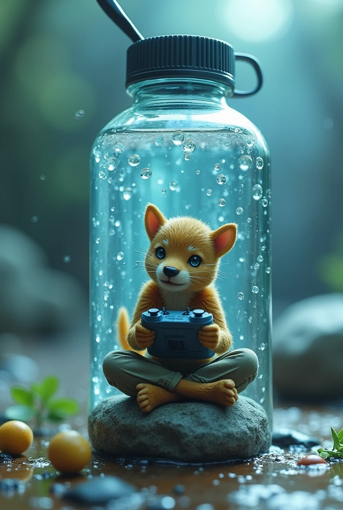 A gamer in a water bottle