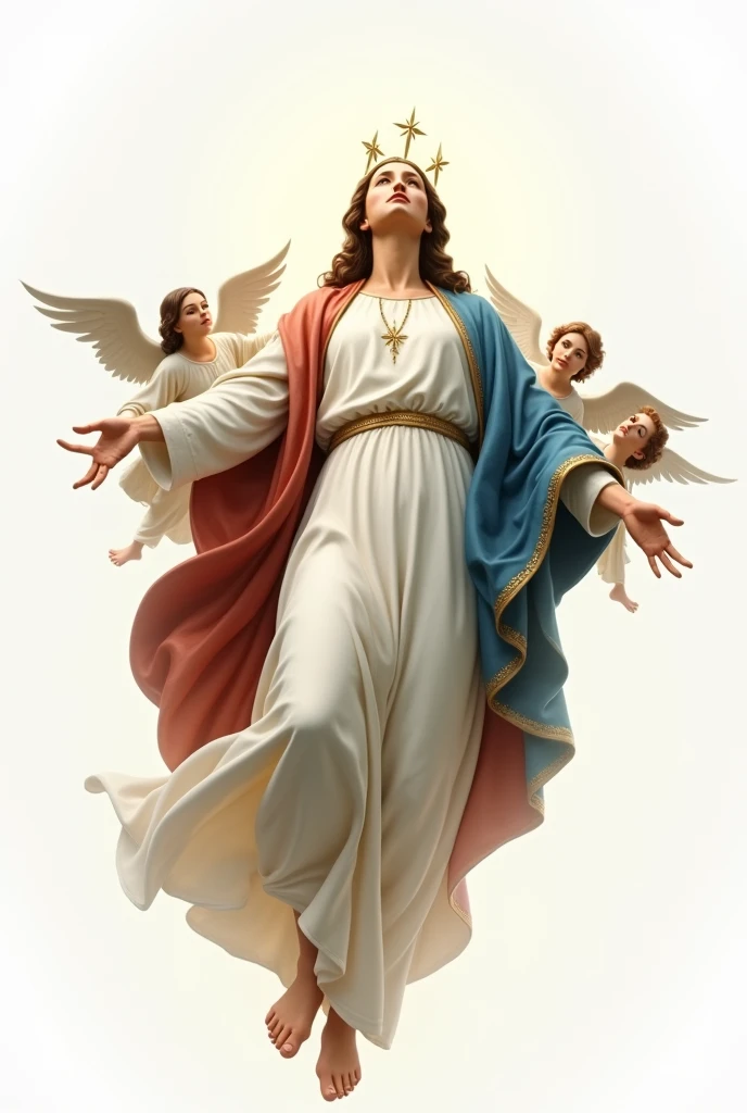 Realistic detailed image, RF 600 lens of Our Lady, white dress, blue and red cloak, simple star crown, no accessories, hands up, ascending to heaven, full body, angels around her, ascending to heaven, white background 