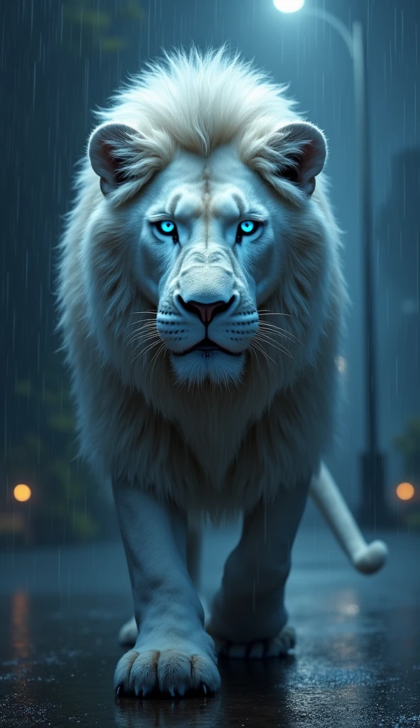 Generate an ultra realistic 8k image of a White Lion with blue eyes on a rainy night, focus on the lion's face 