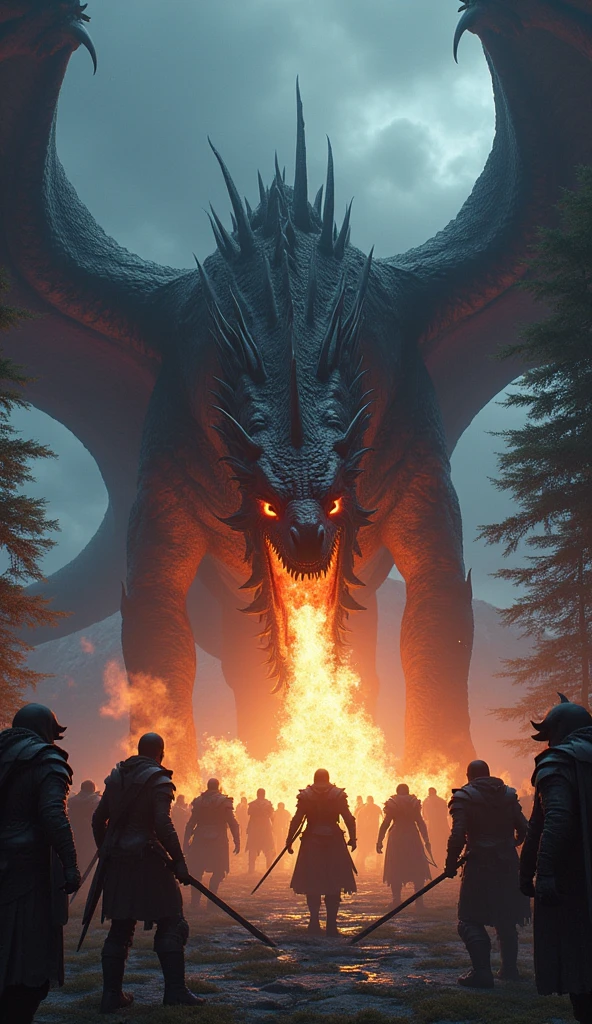 Fight against warriors x dragon, in artstation forest art, Dungeonpunk, balrog, Dragon releases flaming fire from its mouth, d&d, The Lord of the Rings, the ring of fire, Conan, darksouls, foggy background, realistic epic, rutkowski, HDR, details Intricate, hyperdetailed, cinematic, rim-light, subdued colors: 1.2, black fantasy, dark sky, with dark mountains in the background, dark atmospher, fearow,  horor, impressive, dark sky e turbulento com tons de azul e roxo
